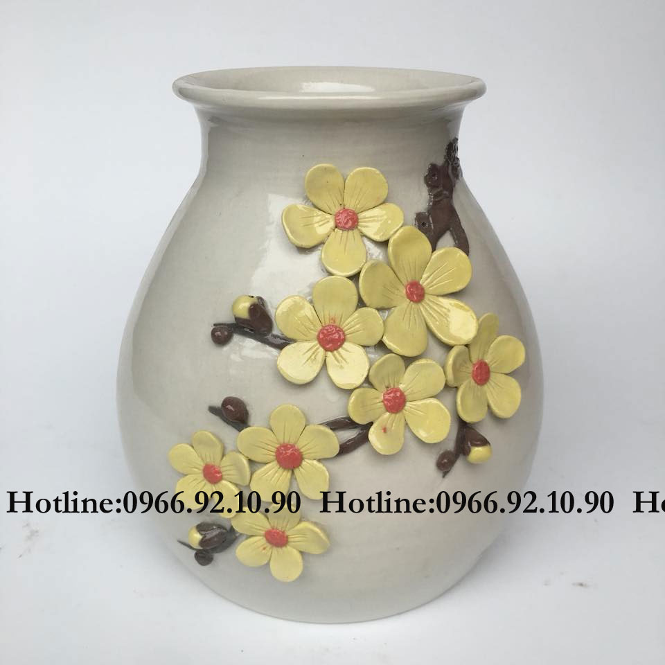 Bộ lọ gốm sứ đắp nổi hoa mai tinh xảo 3 kích thước quà tặng sang trọng