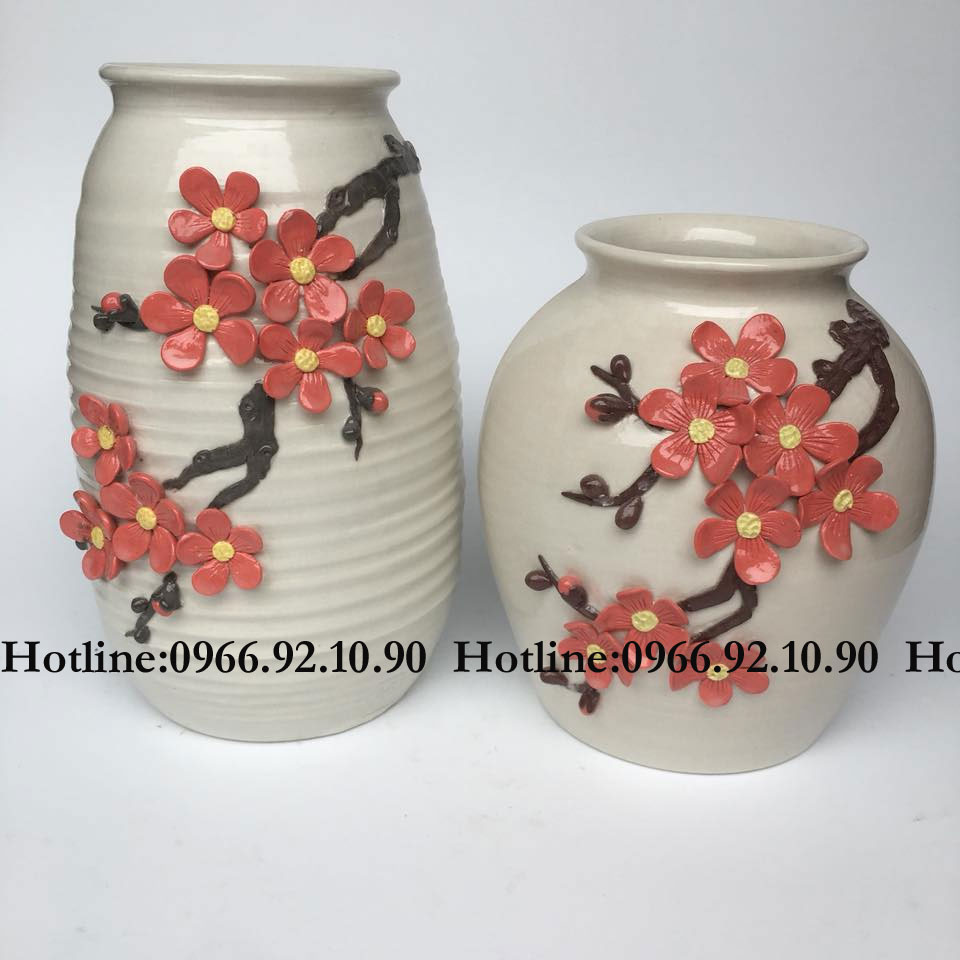 Bộ lọ đắp nổi đào H26 21cm gốm sứ Bát Tràng tinh xảo đẹp sang