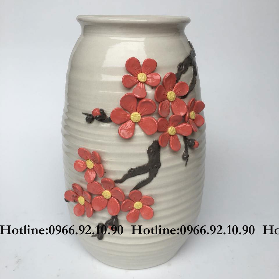 Bộ lọ đắp nổi đào H26 21cm gốm sứ Bát Tràng tinh xảo đẹp sang