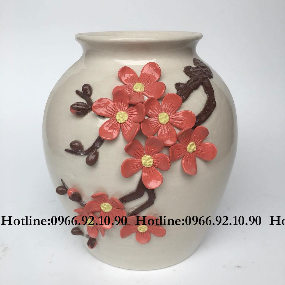 Bộ lọ đắp nổi đào H26 21cm gốm sứ Bát Tràng tinh xảo đẹp sang