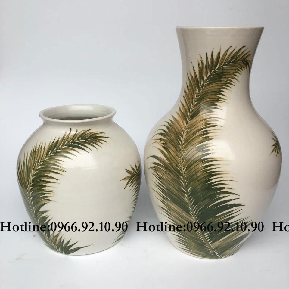 Bộ 2 lọ gốm Bát Tràng lá vạn tuế H20-30cm sang trọng