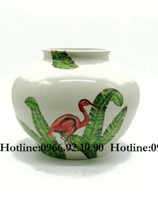 Vò tròn họa tiết hồng hạc tay vẽ size lớn 30cm men bóng sang trọng