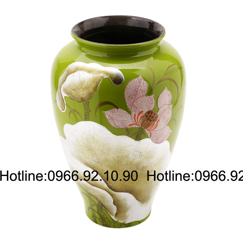 Vò gập miệng sơn mài khảm sen lớn quà tặng sang trọng Bát Tràng