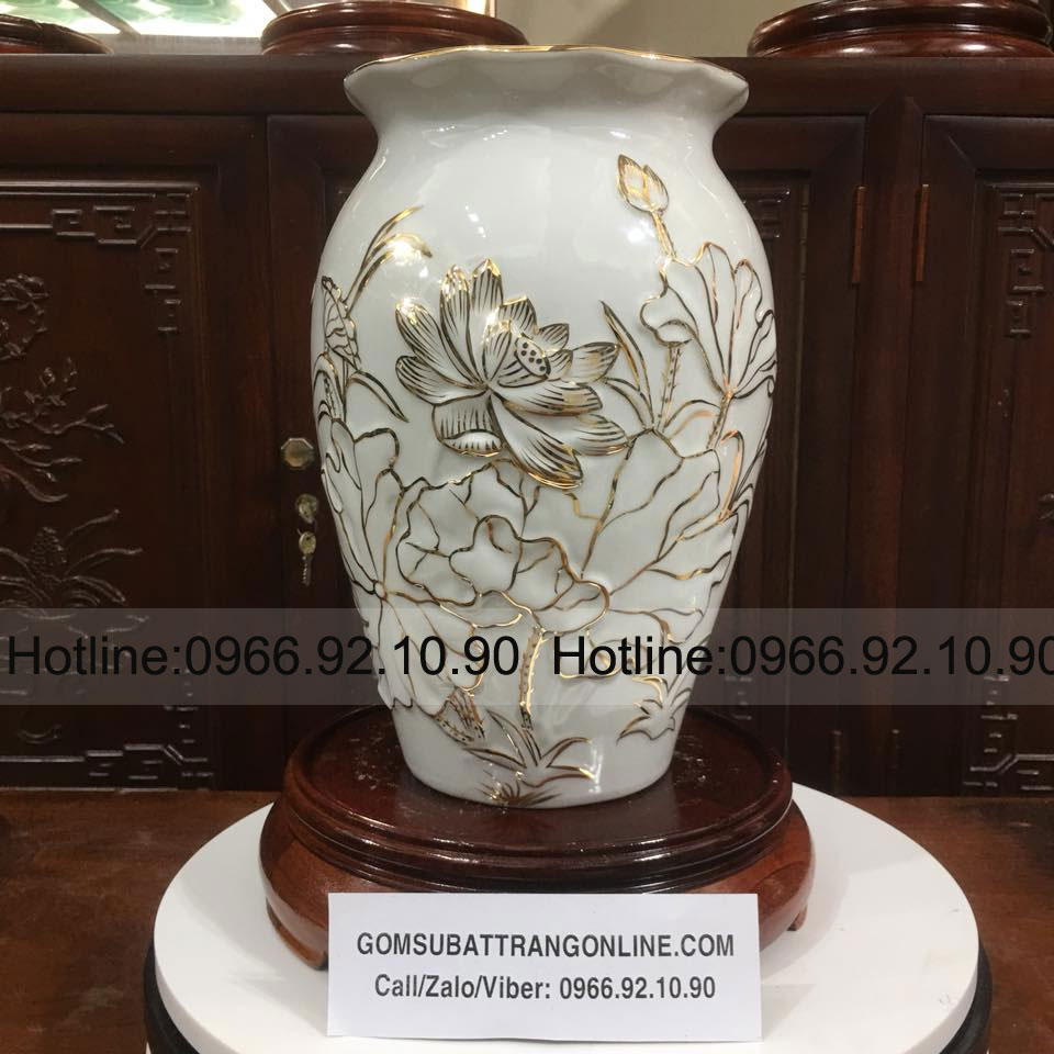 Lọ hoa sen trắng vẽ vàng nổi bật Bát Tràng cao cấp sang trọng
