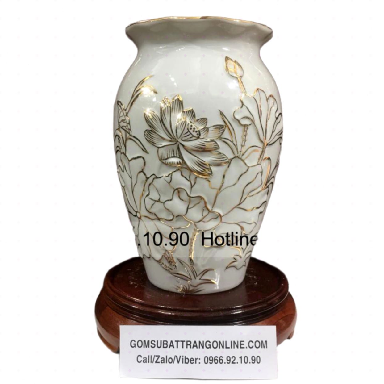 Lọ hoa sen trắng vẽ vàng nổi bật Bát Tràng cao cấp sang trọng 