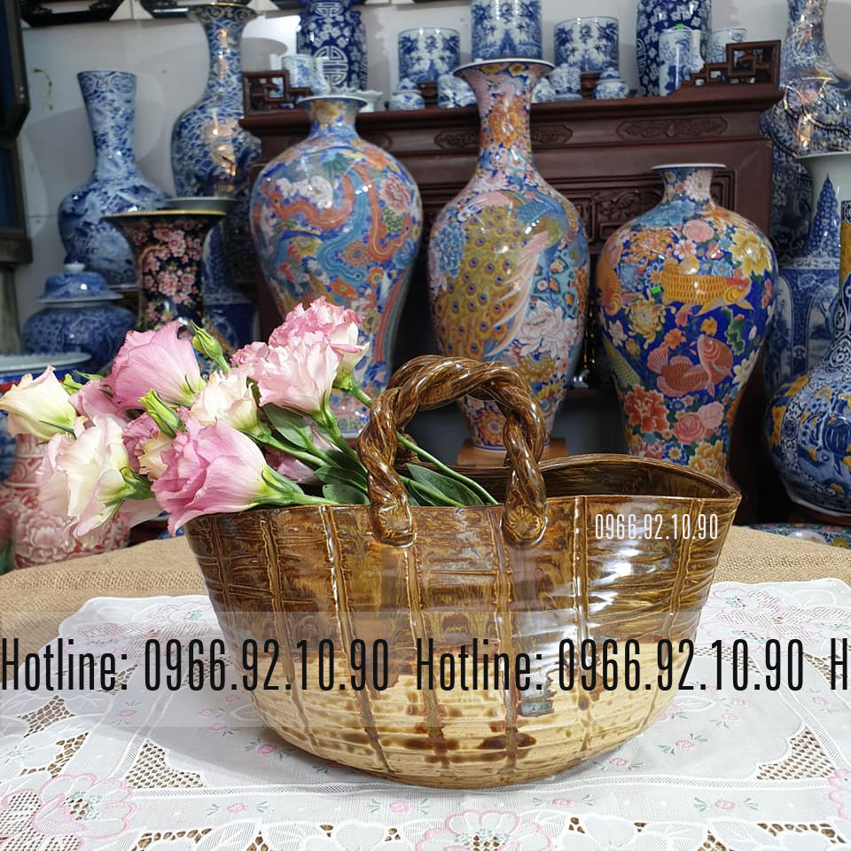 Làn cắm hoa gốm Bát Tràng vuốt tay đẹp thủ công sang trọng