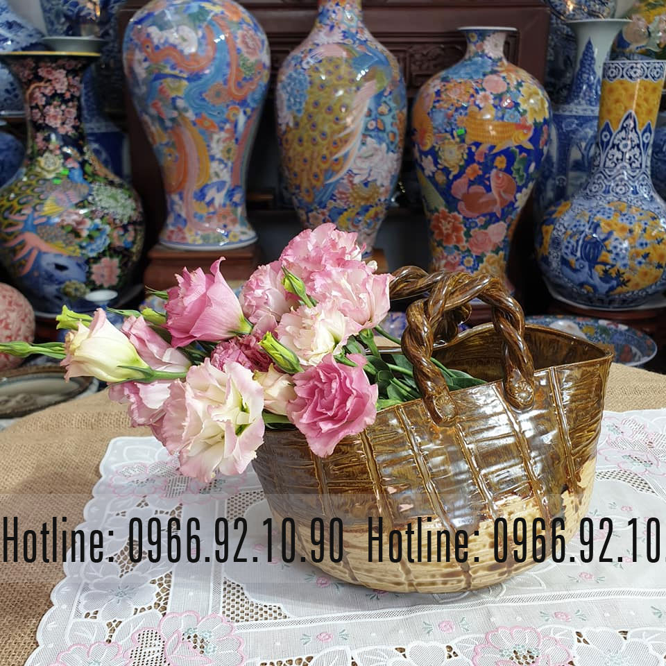 Làn cắm hoa gốm Bát Tràng vuốt tay đẹp thủ công sang trọng