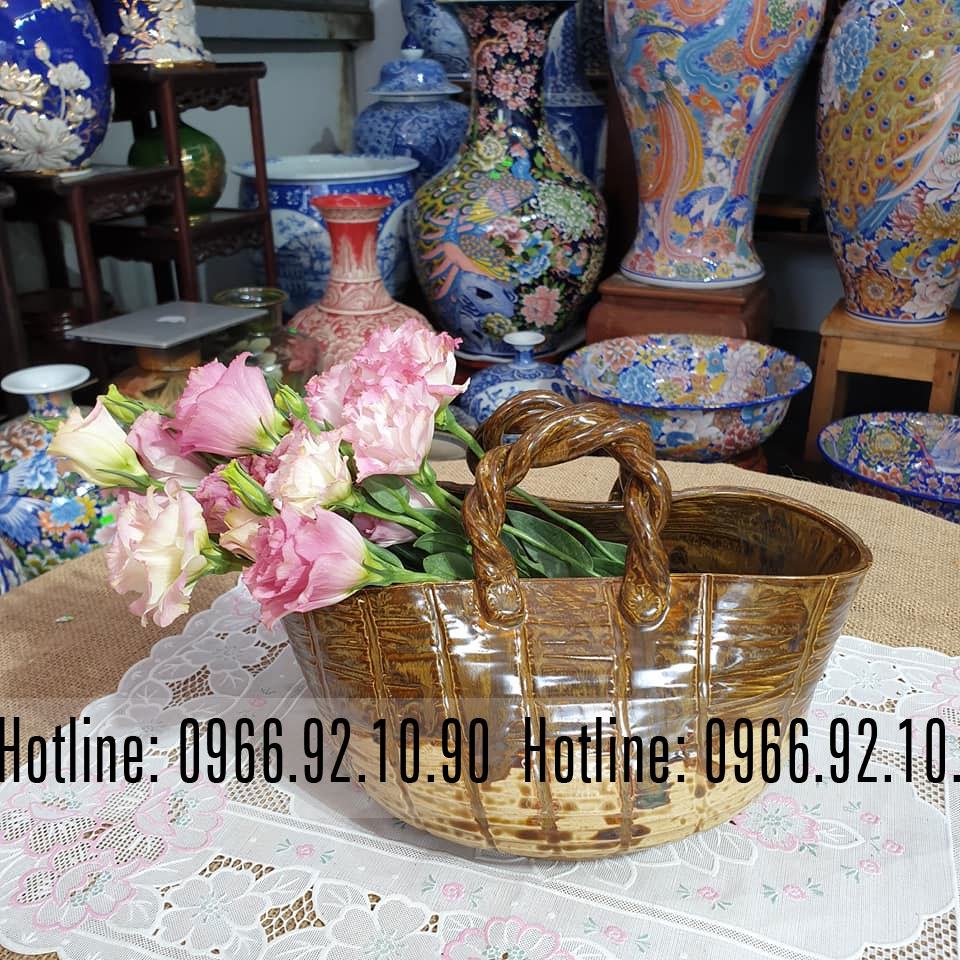Làn cắm hoa gốm Bát Tràng vuốt tay đẹp thủ công sang trọng