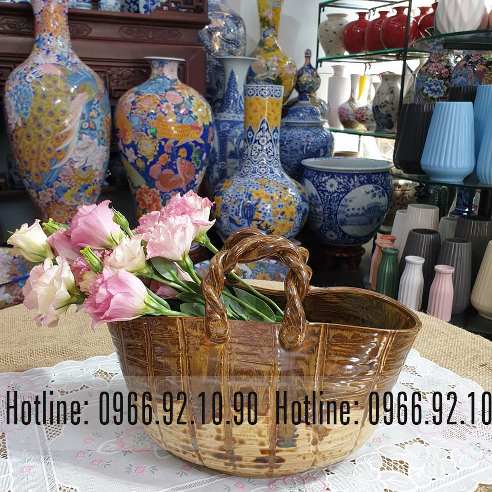 Làn cắm hoa gốm Bát Tràng vuốt tay đẹp thủ công sang trọng