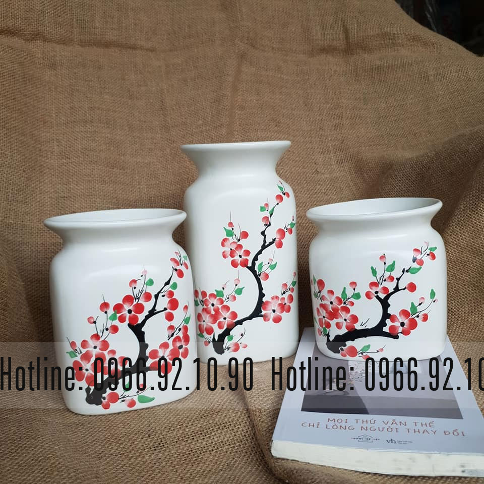 Bộ 3 bình vuông Bát Tràng men mát họa tiết độc đáo trang trí