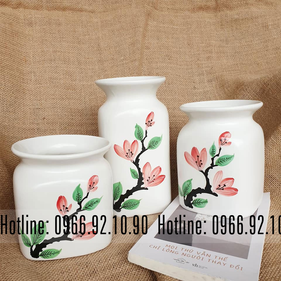 Bộ 3 bình vuông Bát Tràng men mát họa tiết độc đáo trang trí