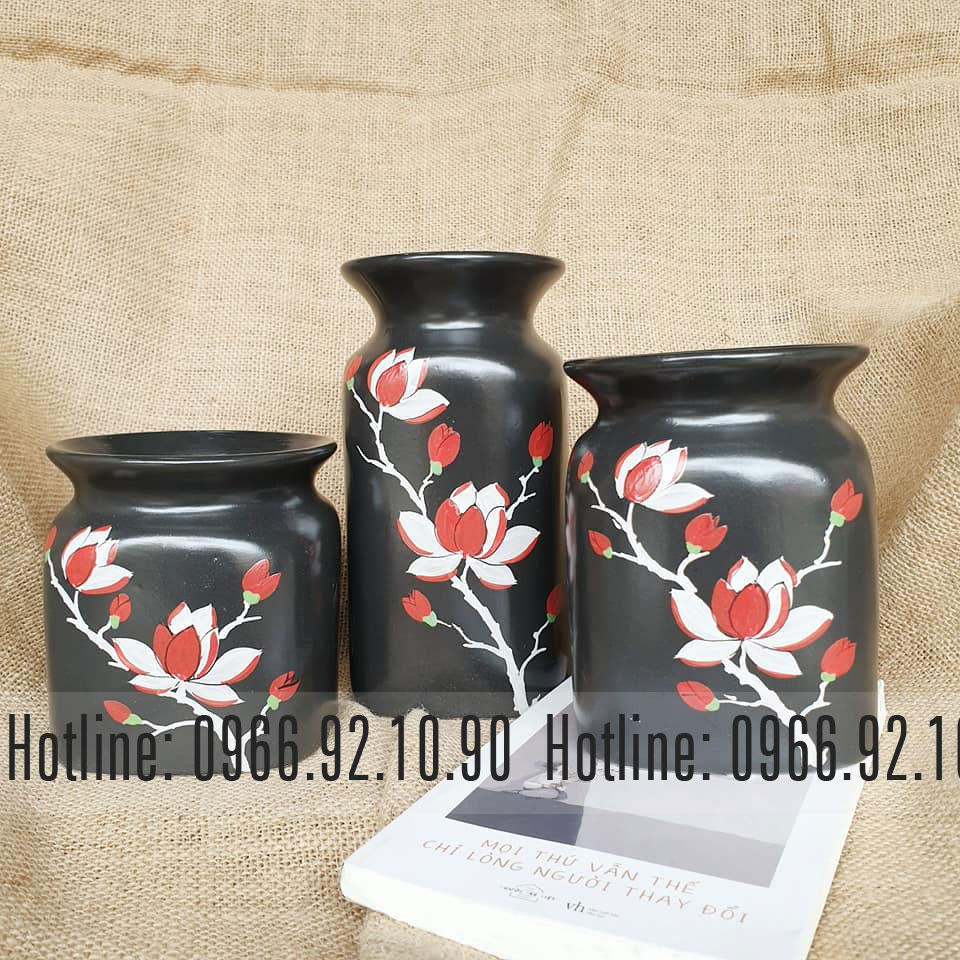 Bộ 3 bình vuông Bát Tràng men mát họa tiết độc đáo trang trí