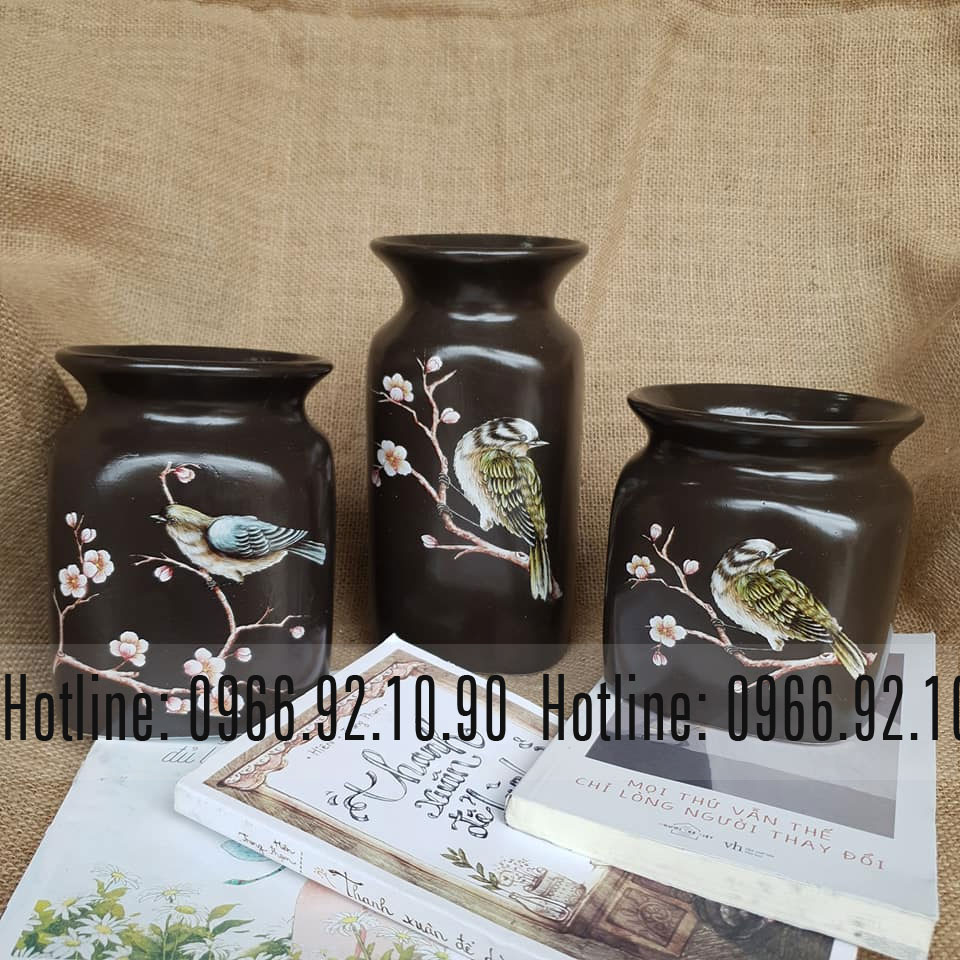 Bộ 3 bình vuông Bát Tràng men mát họa tiết độc đáo trang trí