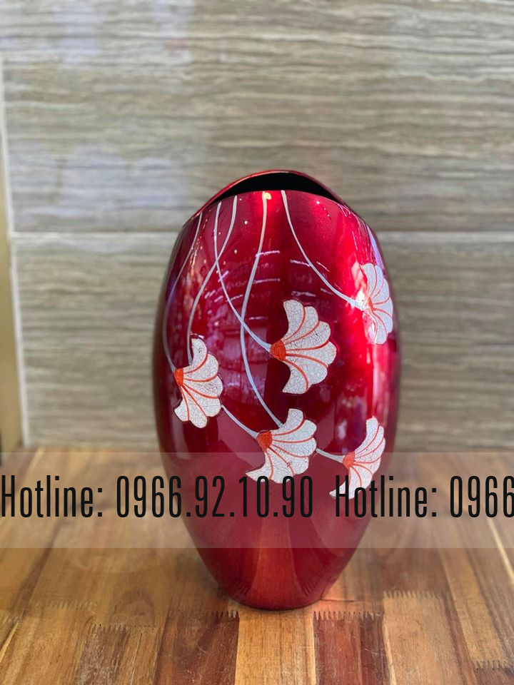 Lọ hoa sơn mài miệng cá hoa rơi Đỏ Bát Tràng sang trọng decor đẹp