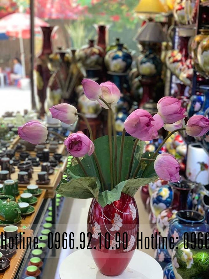 Lọ hoa sơn mài miệng cá hoa rơi Đỏ Bát Tràng sang trọng decor đẹp