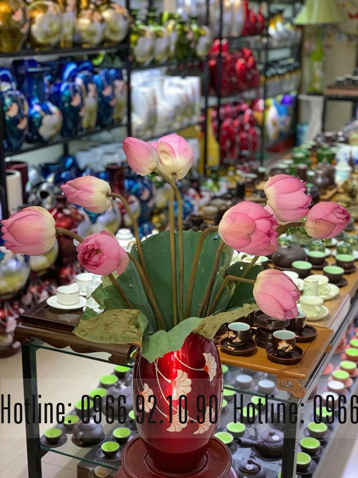 Lọ hoa sơn mài miệng cá hoa rơi Đỏ Bát Tràng sang trọng decor đẹp