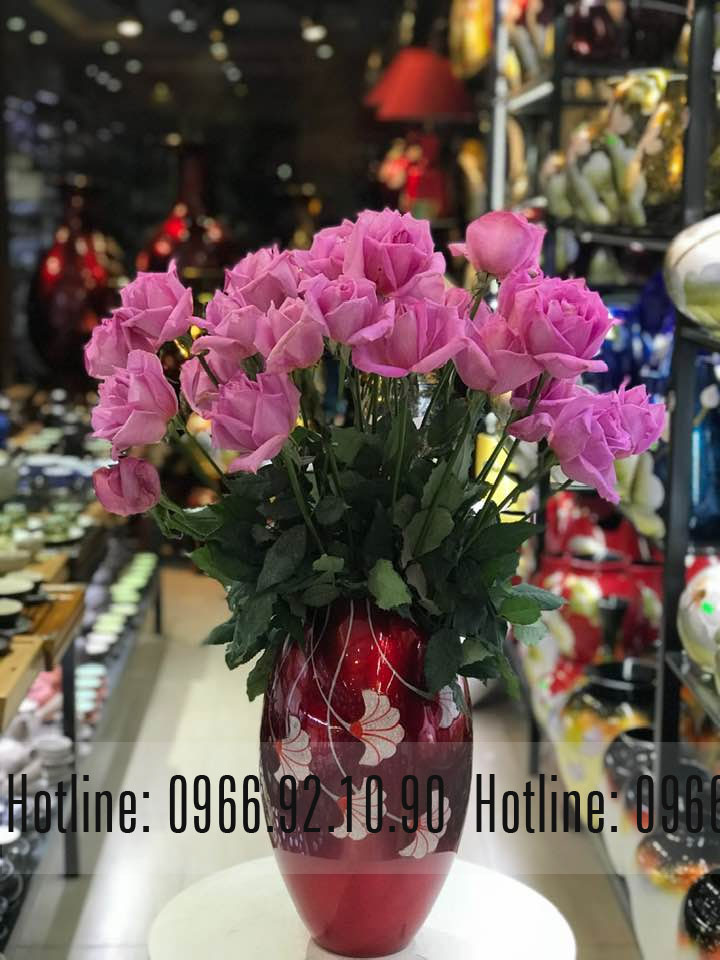 Lọ hoa sơn mài miệng cá hoa rơi Đỏ Bát Tràng sang trọng decor đẹp 