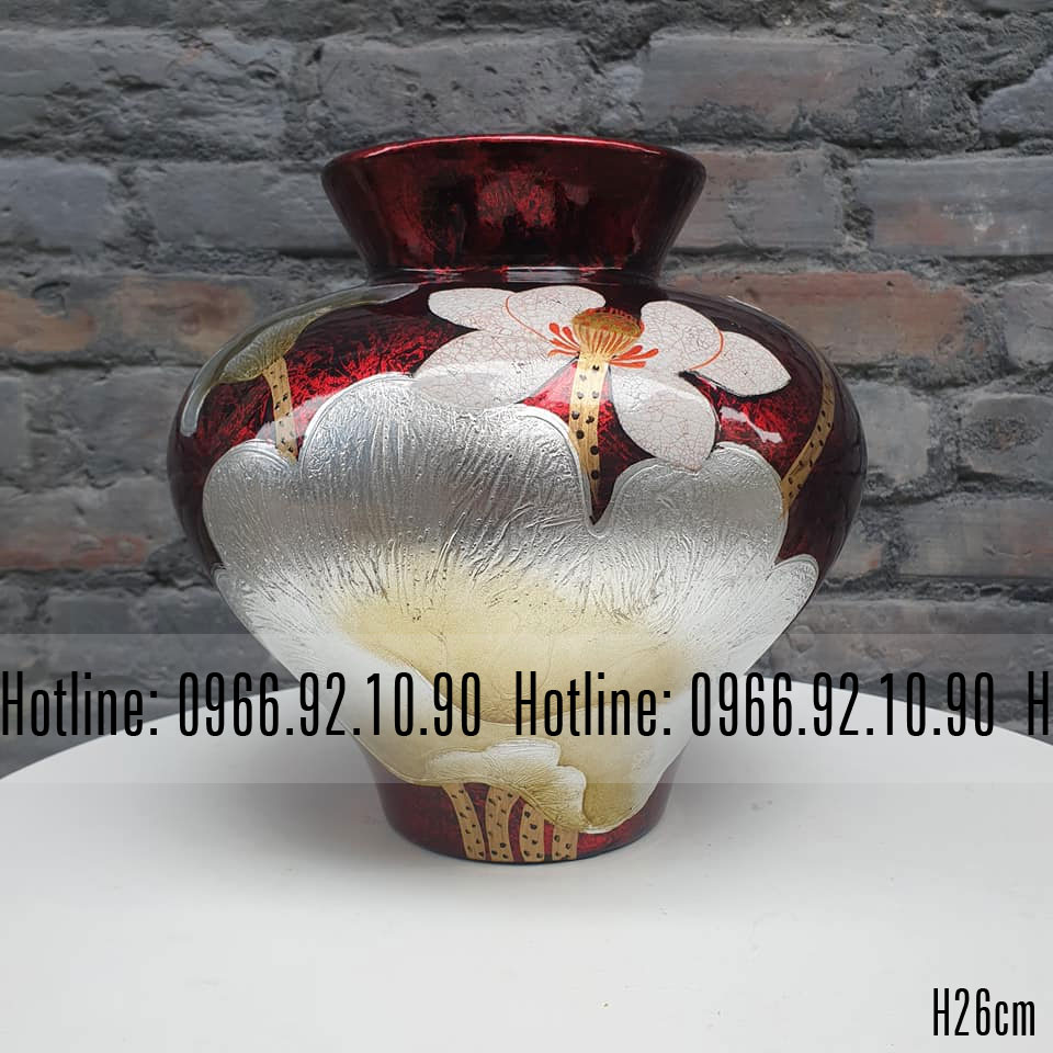 Vò phễu họa tiết hoa sen đỏ mận Bát Tràng cao 26cm sang trọng