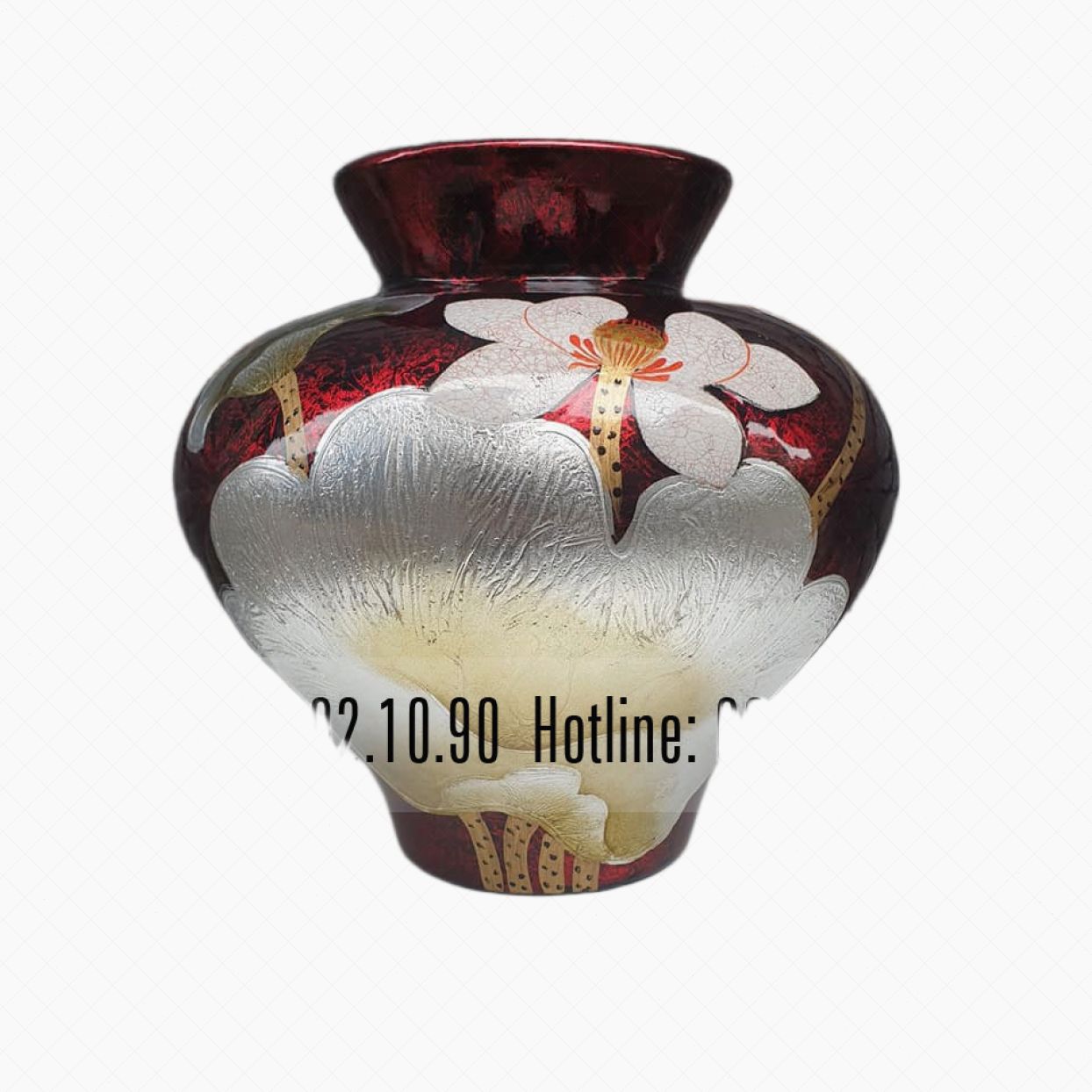Vò phễu họa tiết hoa sen đỏ mận Bát Tràng cao 26cm sang trọng 