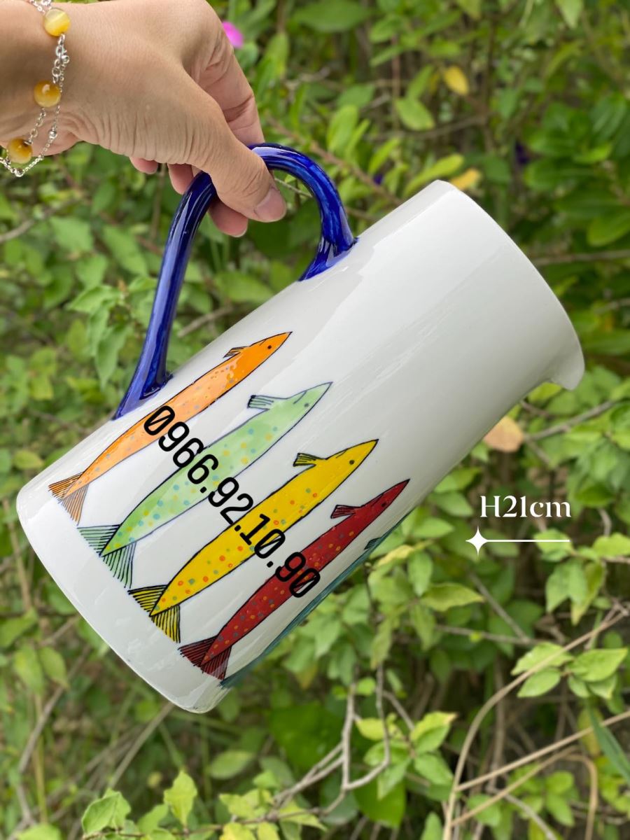 Bình sưa cắm hoa gốm Bát Tràng cá bảy màu H21cm sang trọng