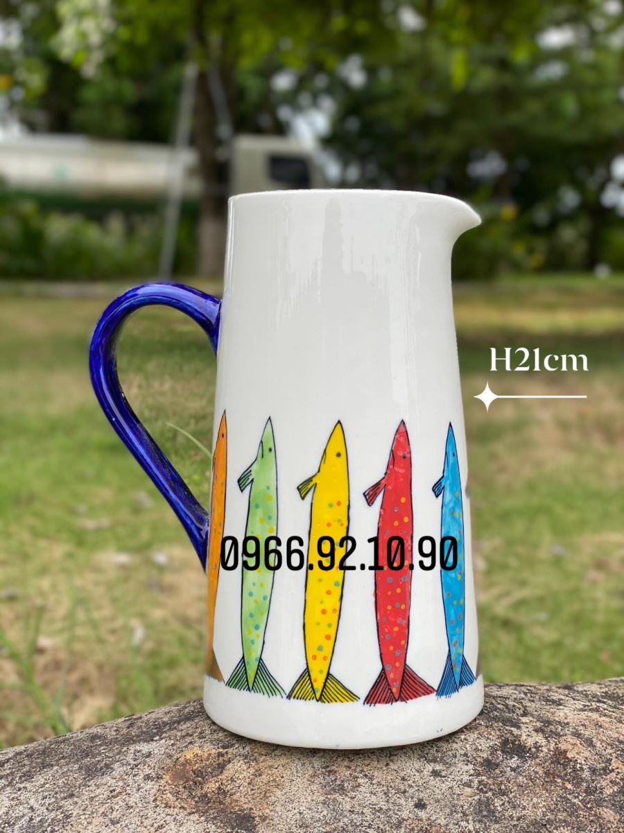 Bình sưa cắm hoa gốm Bát Tràng cá bảy màu H21cm sang trọng