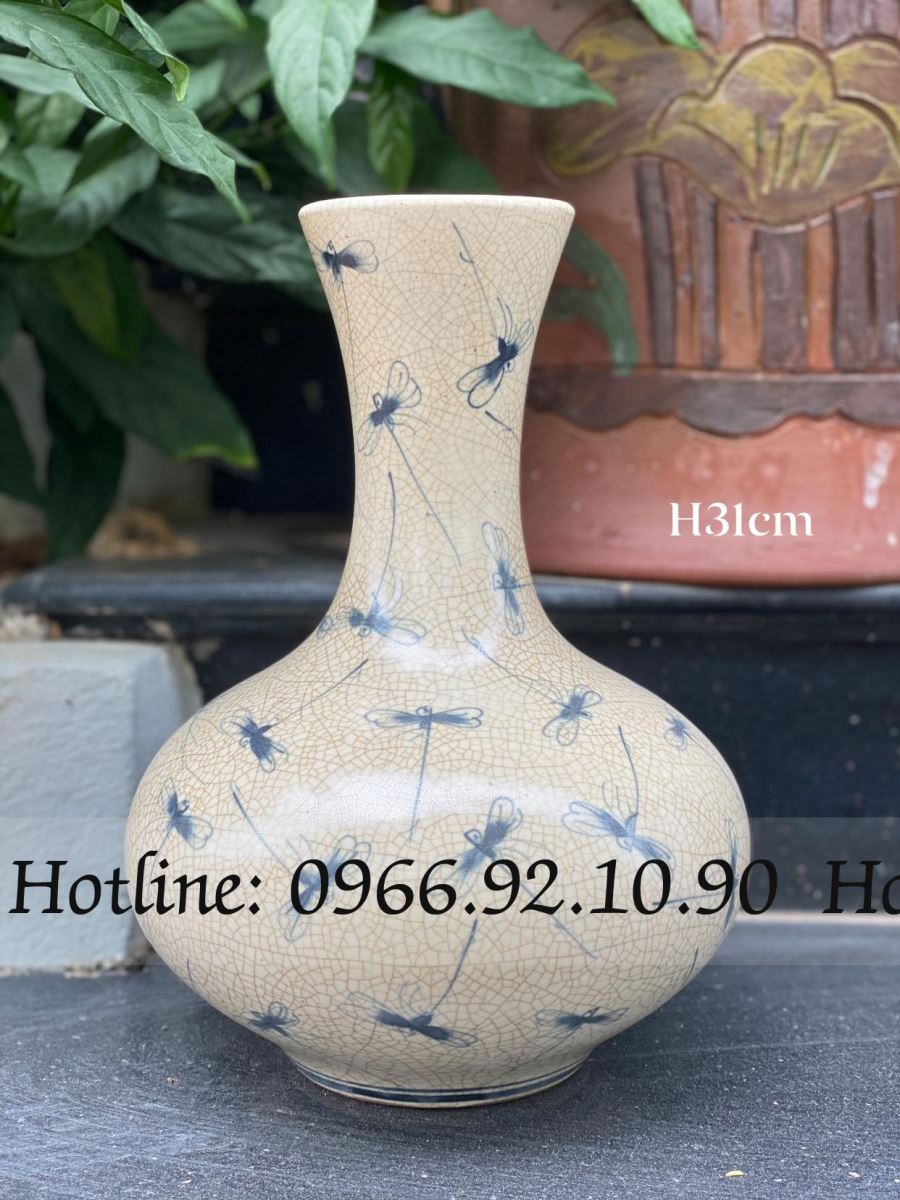 Lọ tỏi men rạn vẽ chuồn 31cm quà tặng ý nghĩa Bát Tràng