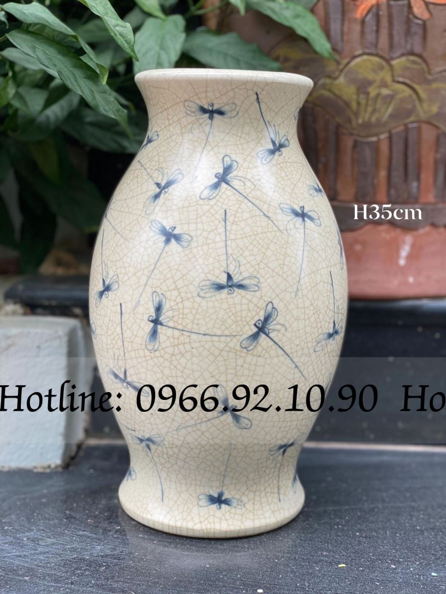 Vò cắm hoa đu đủ Bát Tràng men rạn cổ họa tiết chuồn đẹp 