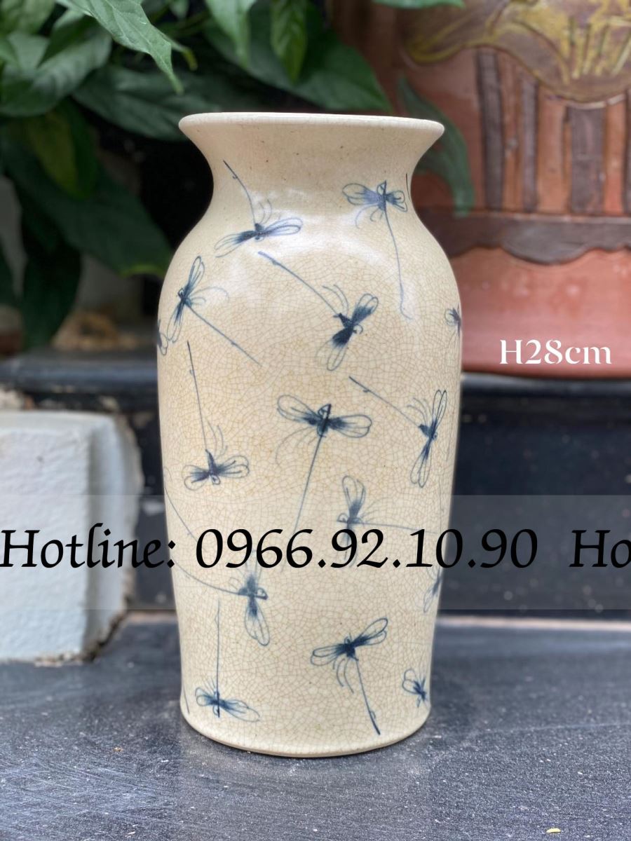 Lọ phích loe men rạn cổ Chuồn Chuồn cao 28cm Bát Tràng đẹp 