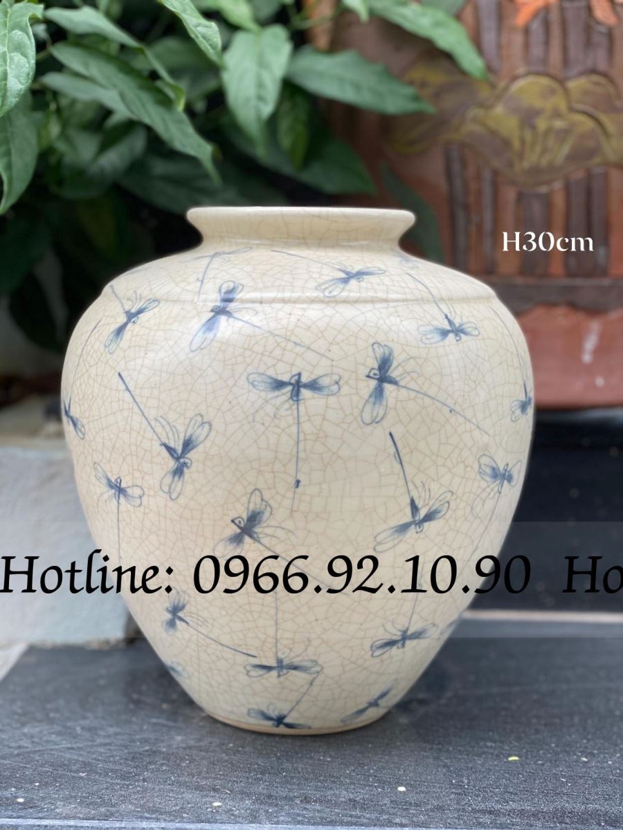 Vò chum men rạn cổ H30cm họa tiết chuồn chuồn Bát Tràng đẹp