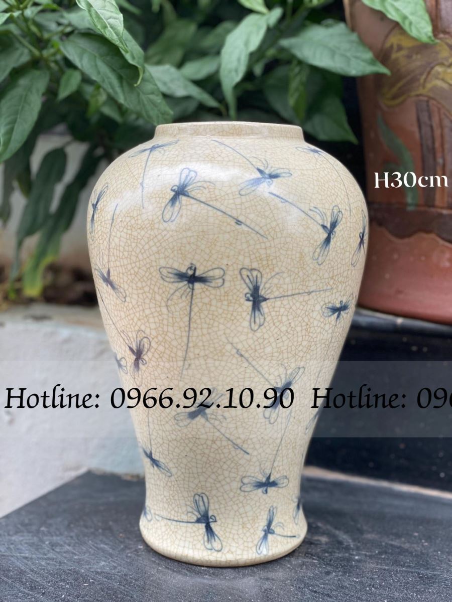 Lọ đùi dế men rạn họa tiết chuồn chuồn Bát Tràng H30cm