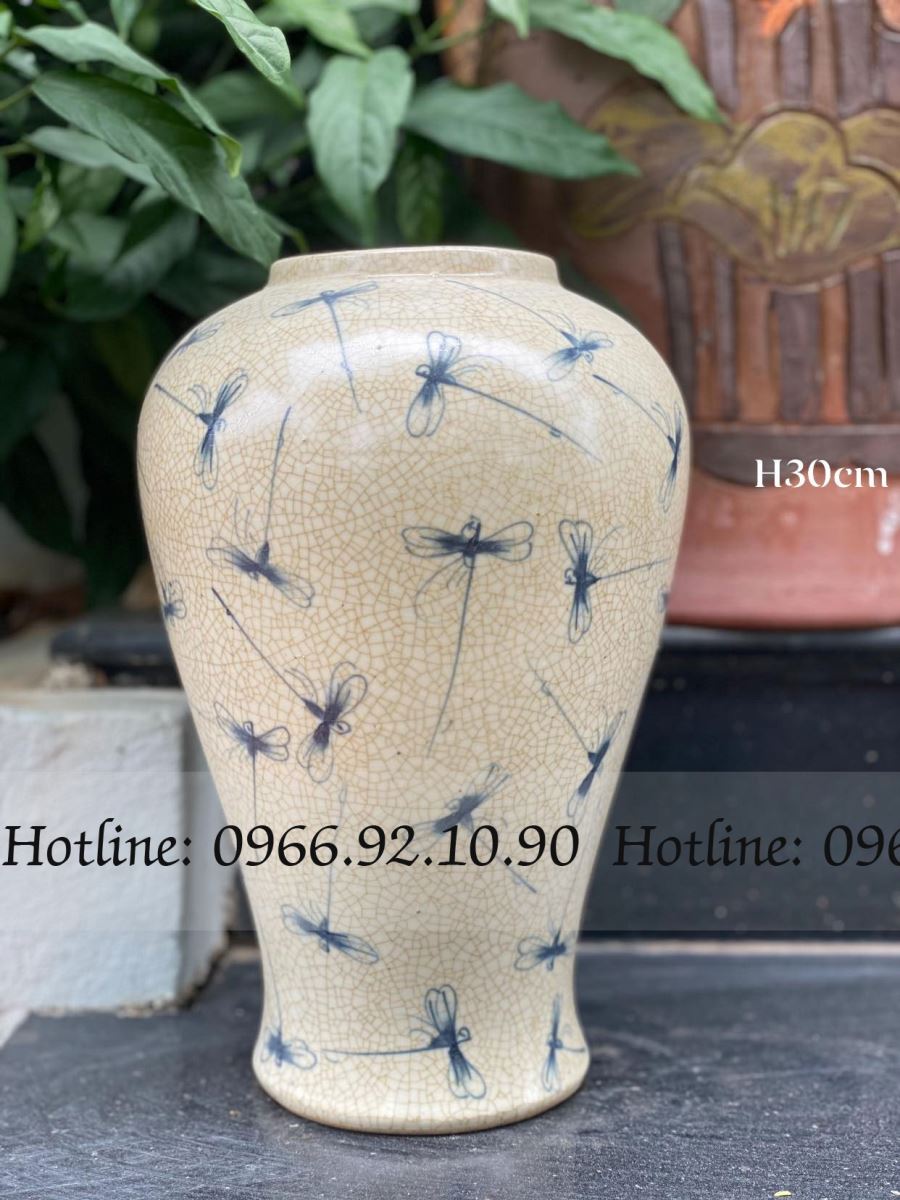 Lọ đùi dế men rạn họa tiết chuồn chuồn Bát Tràng H30cm 