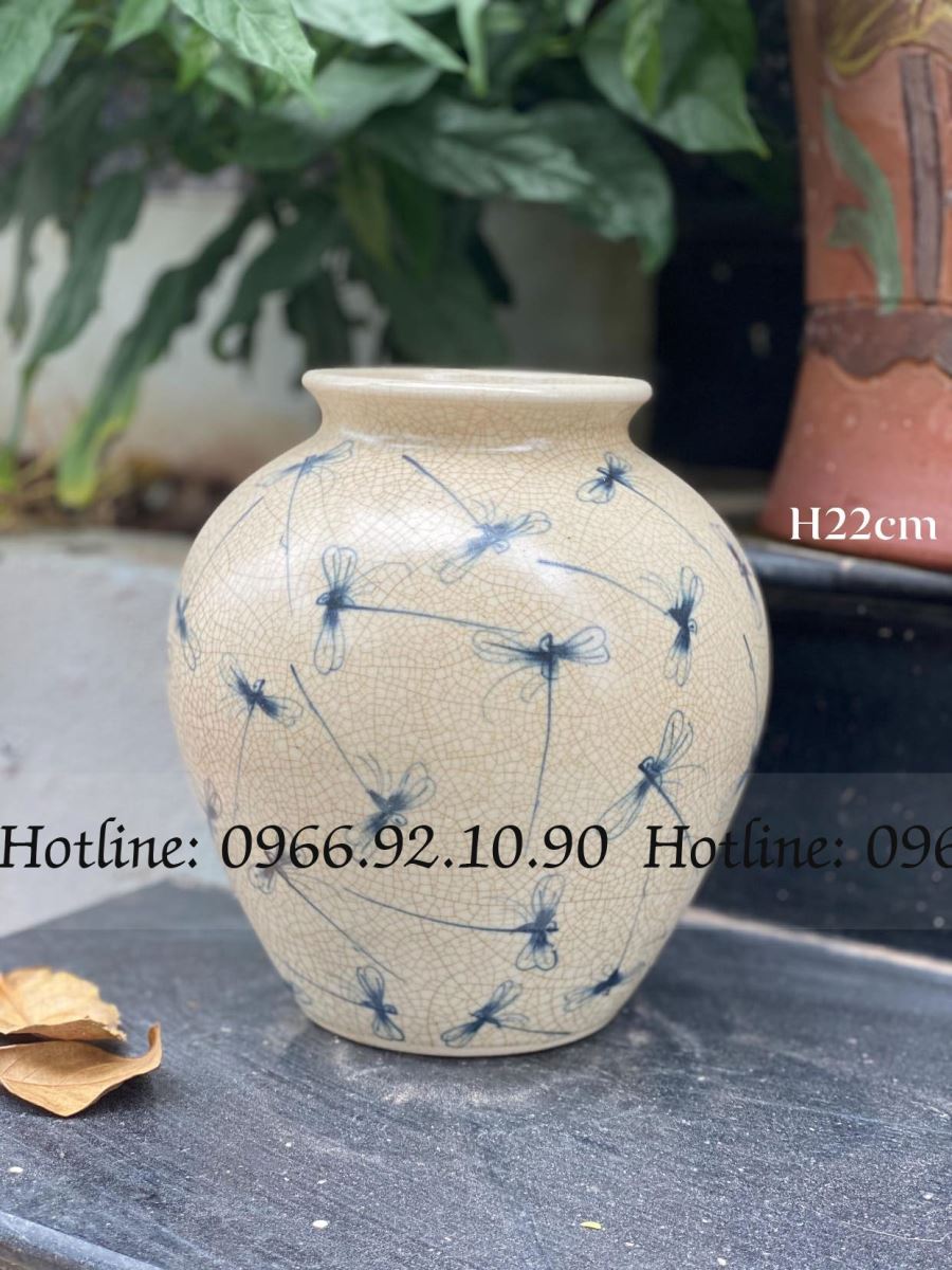 Vò tròn men rạn họa tiết chuồn chuồn Bát Tràng cao 22cm độc đáo