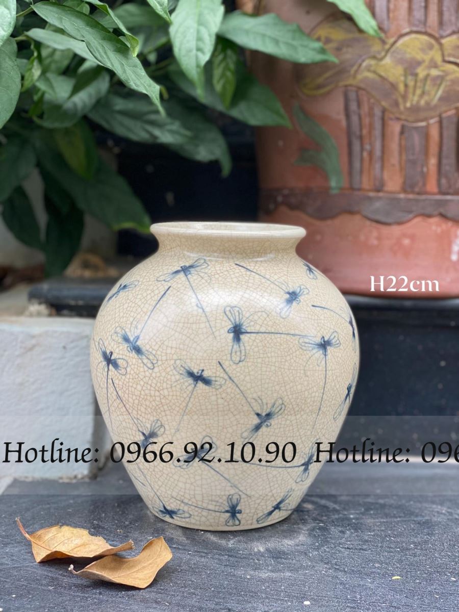 Vò tròn men rạn họa tiết chuồn chuồn Bát Tràng cao 22cm độc đáo 