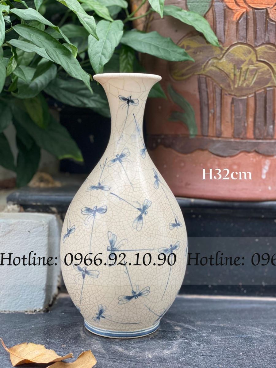Vật phẩm gốm men rạn chuồn chuồn cao 32cm Bát Tràng đẹp