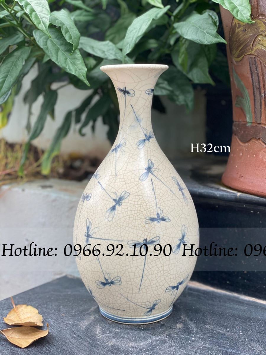 Vật phẩm gốm men rạn chuồn chuồn cao 32cm Bát Tràng đẹp