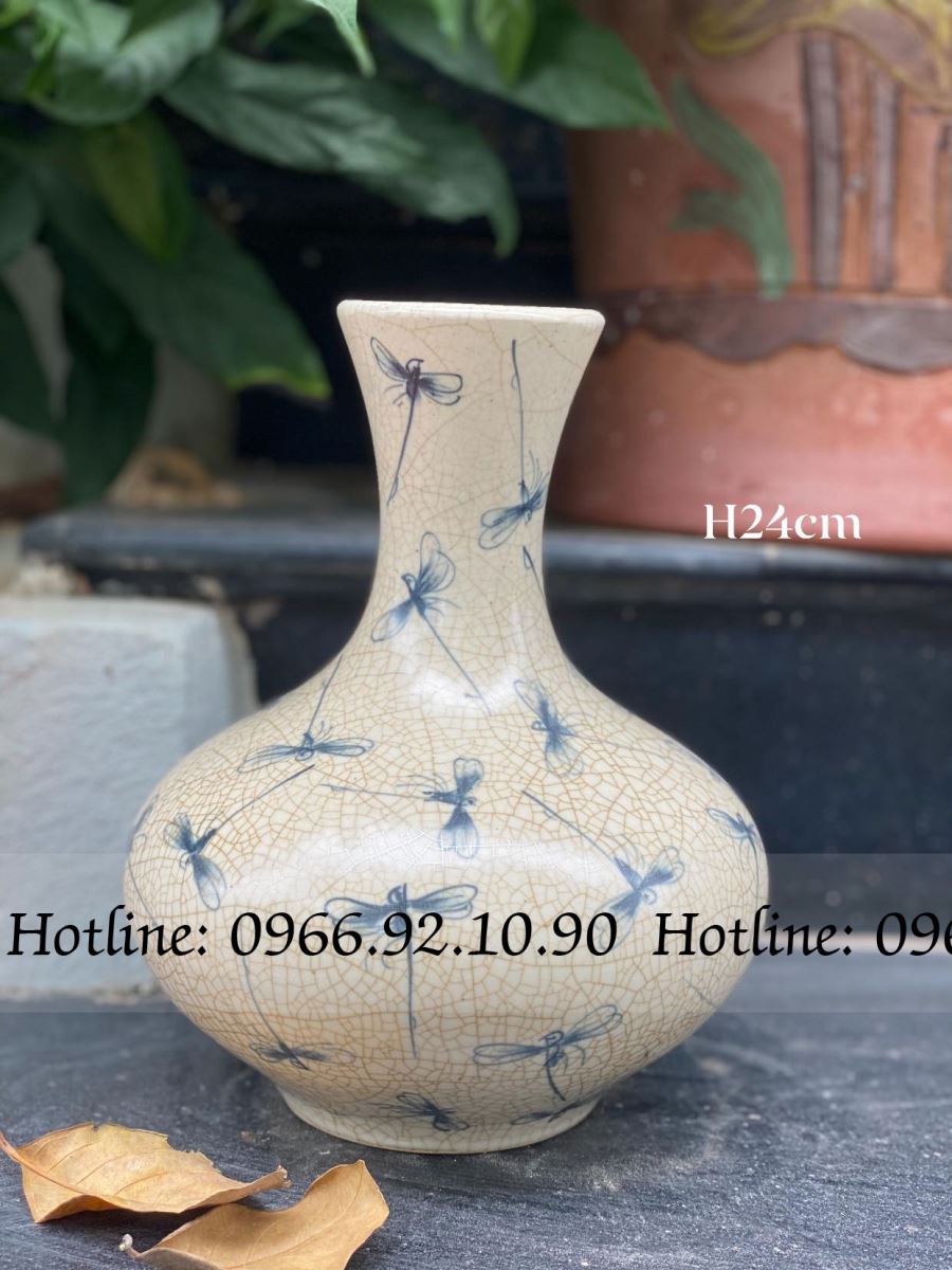 Lọ tỏi men rạn chuồn chuồn bầu tròn cao 24cm trang trí đẹp