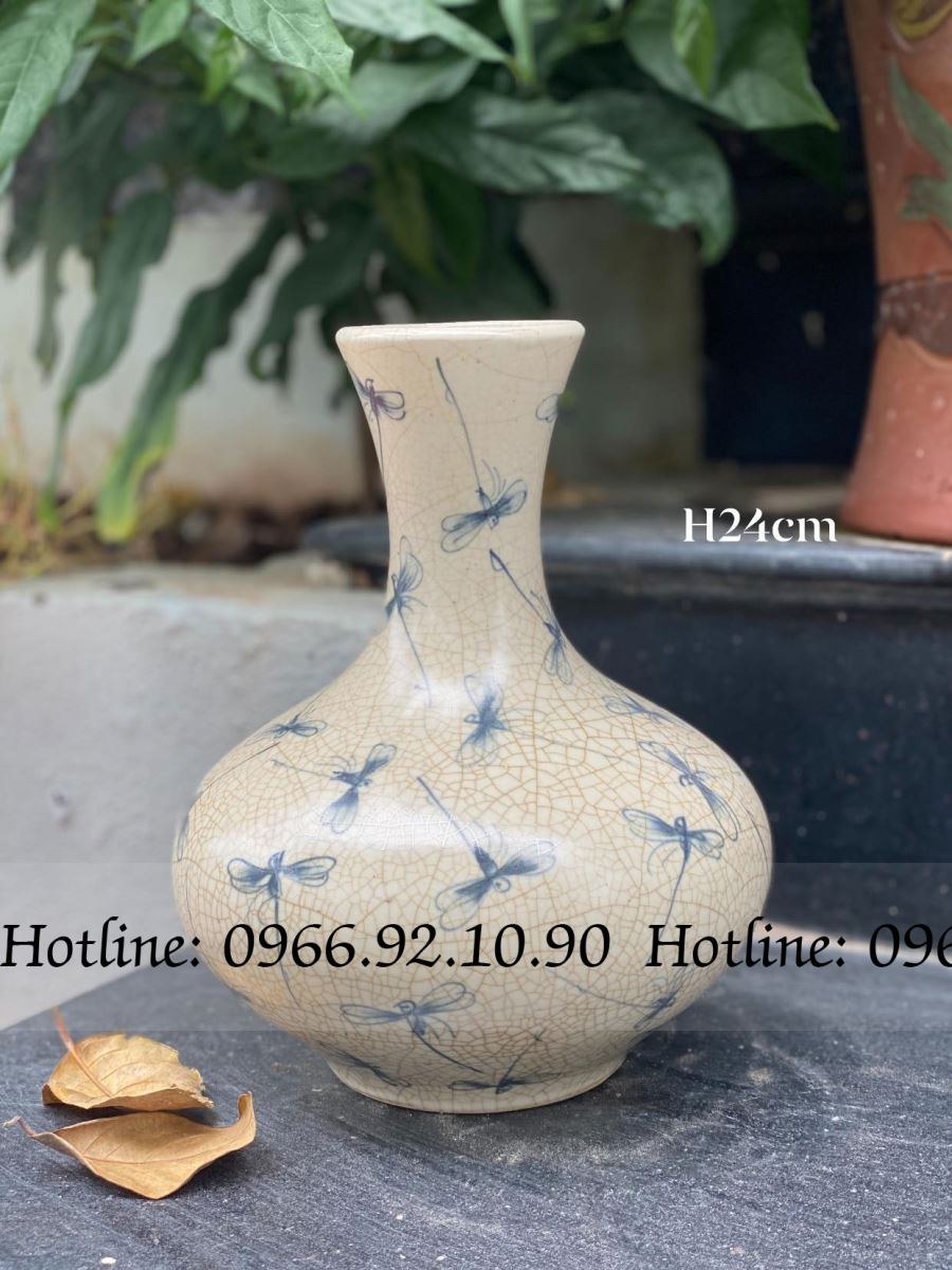 Lọ tỏi men rạn chuồn chuồn bầu tròn cao 24cm trang trí đẹp 