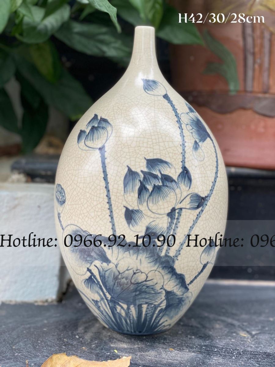 Lọ men rạn họa tiết hoa sen cao 42cm Bát Tràng Chuẩn đẹp