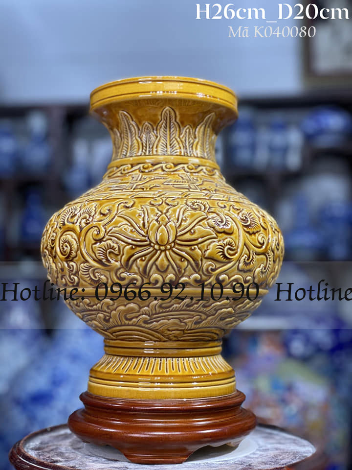 lọ khắc tay thủ công hoa dây cổ cúp cao 26cm đẹp Bát Tràng 