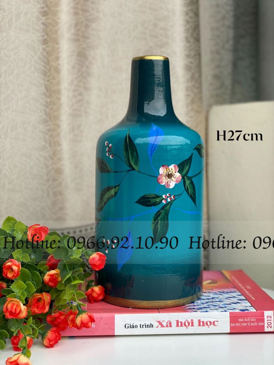Lọ hoa cổ họa tiết hoa trà Bát Tràng sơn mài 3D sang trọng 27cm