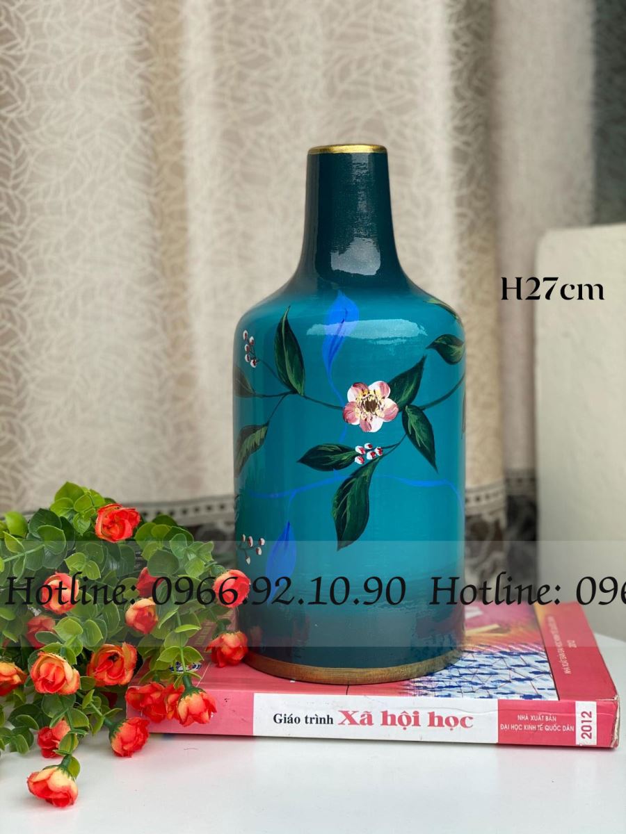 Lọ hoa cổ họa tiết hoa trà Bát Tràng sơn mài 3D sang trọng 27cm