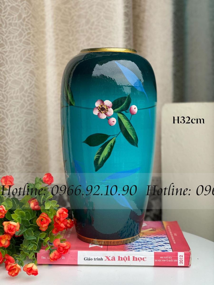 Bom họa tiết hoa trà 3D sơn mài Bát Tràng cao cấp H32cm đẹp