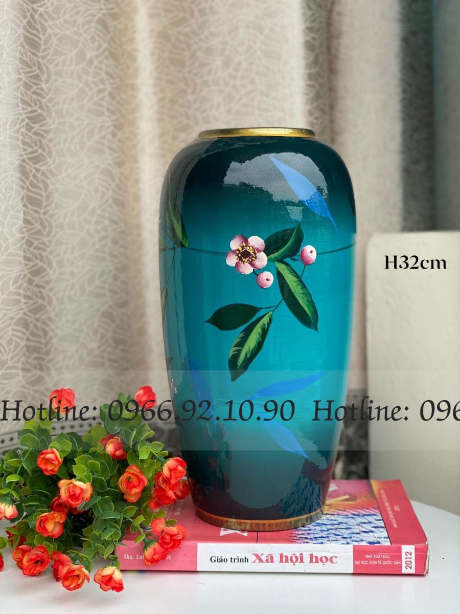 Bom họa tiết hoa trà 3D sơn mài Bát Tràng cao cấp H32cm đẹp