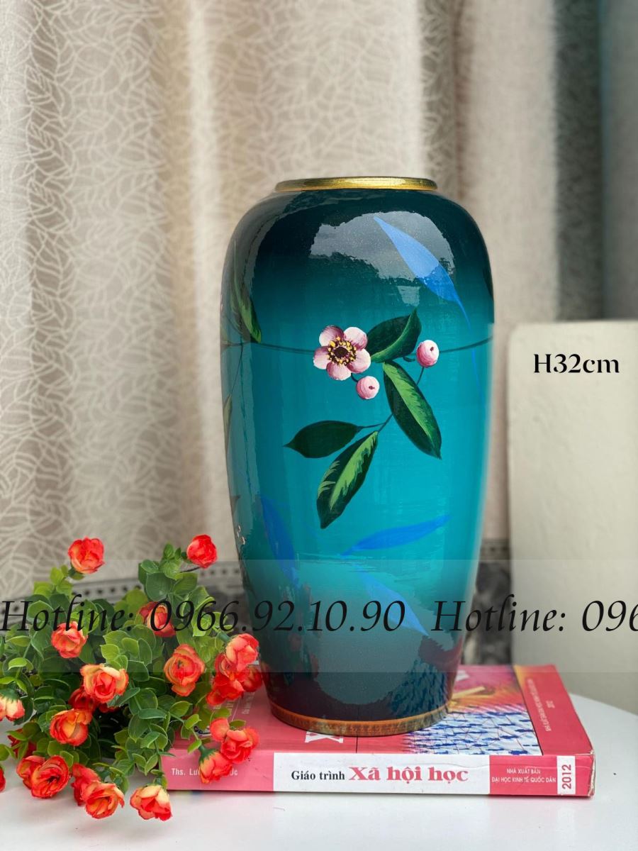 Bom họa tiết hoa trà 3D sơn mài Bát Tràng cao cấp H32cm đẹp 