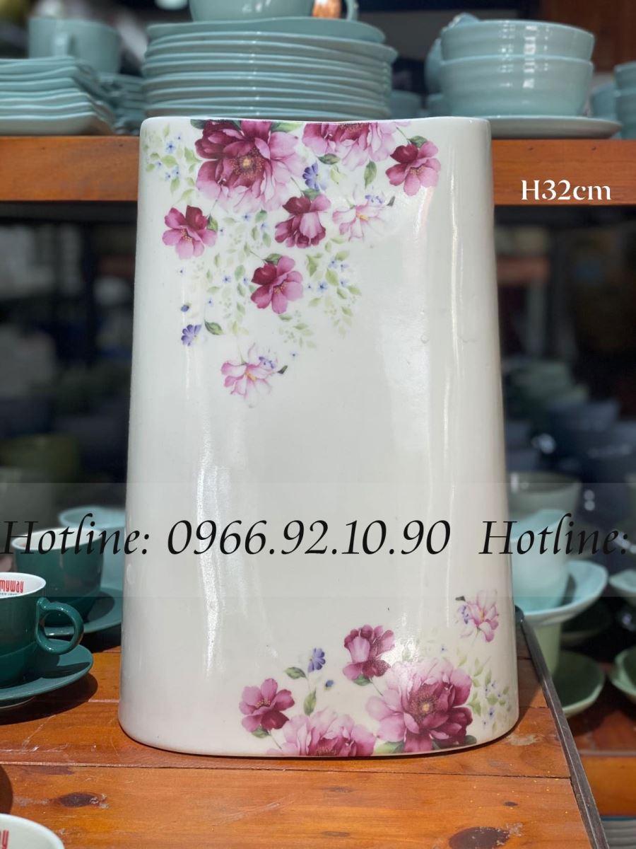 Bình hoa gốm sứ dáng chữ nhật mỏng cao 32cm Bát Tràng đẹp