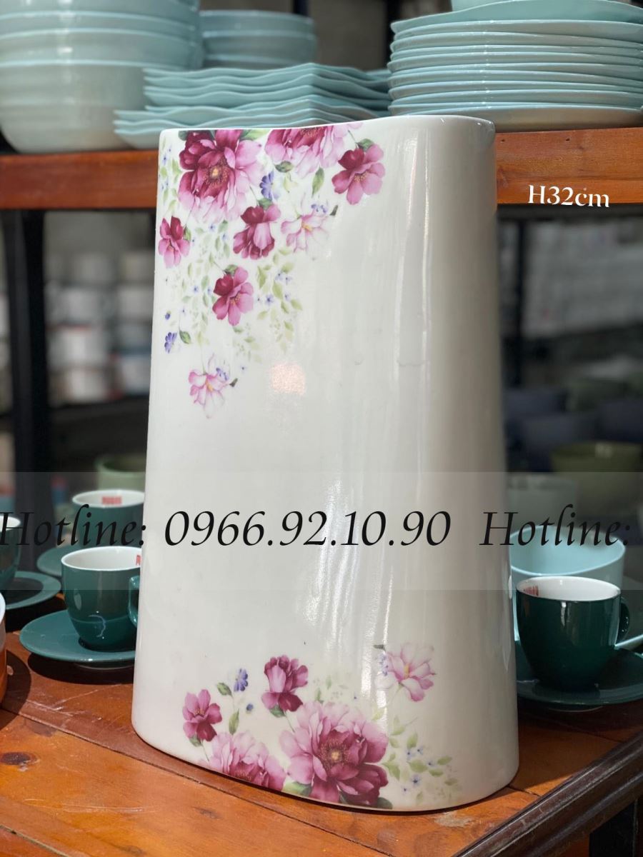 Bình hoa gốm sứ dáng chữ nhật mỏng cao 32cm Bát Tràng đẹp