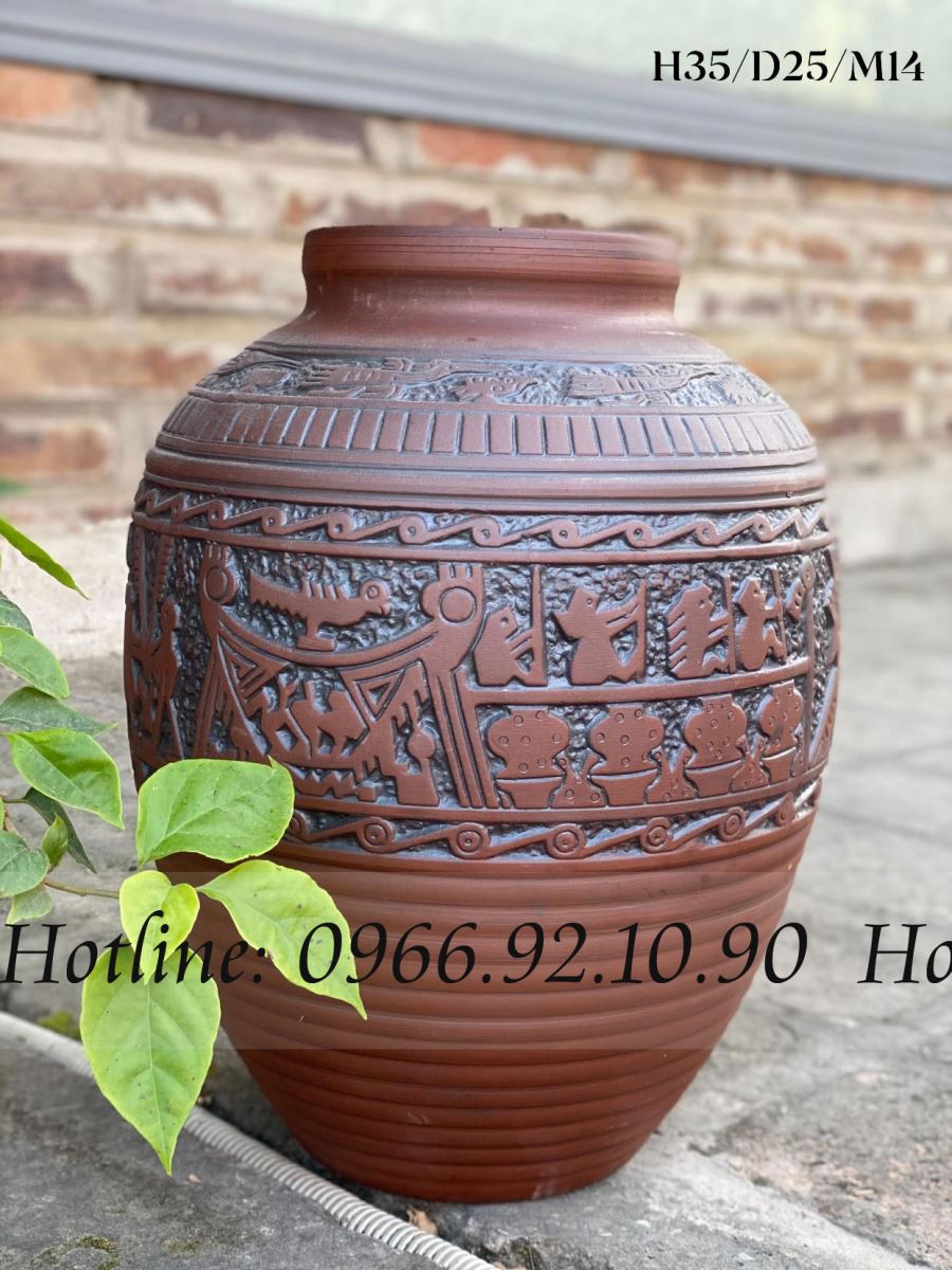 Chum Sành Trống Đồng Khắc Nổi Cắm Hoa H35cm Gốm Sứ Bát Tràng