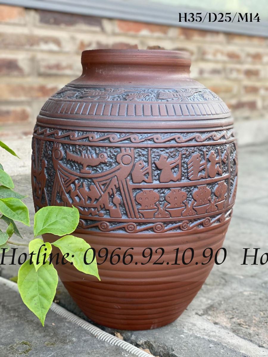 Chum Sành Trống Đồng Khắc Nổi Cắm Hoa H35cm Gốm Sứ Bát Tràng