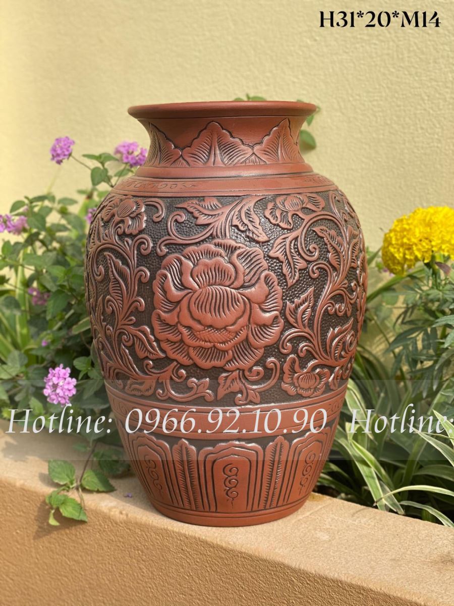 Lọ gốm mộc không men hoa phù dung H31cm đẹp độc đáo sang trọng