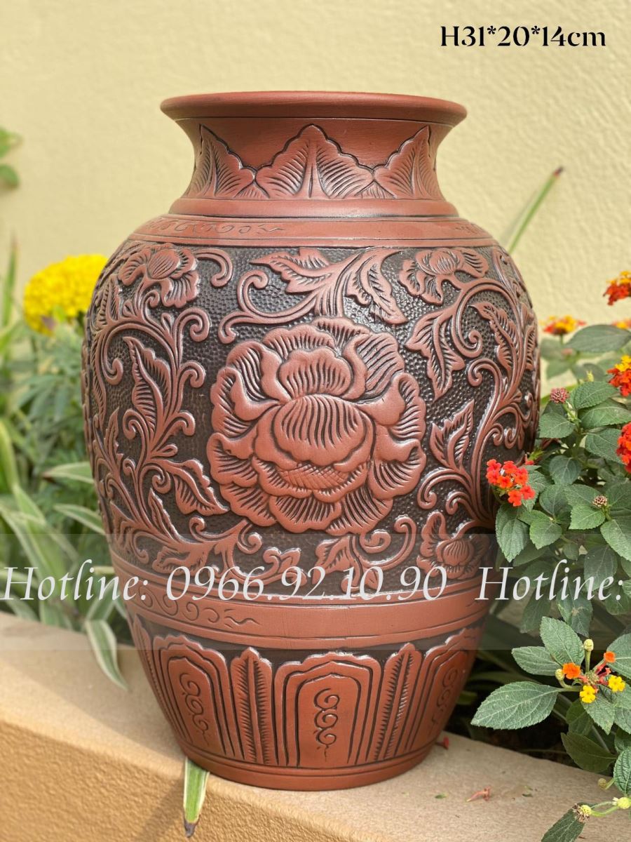 Lọ gốm mộc không men hoa phù dung H31cm đẹp độc đáo sang trọng 